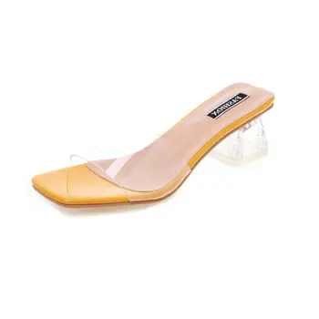 Ženy Sandály Boty Celebrity na Sobě Jednoduchý Styl PVC Jasné Strappy Spony Vysoké Podpatky Žena Průhledné Podpatky Žluté 2020
