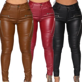 Ženy Sexy Umělé Kůže Stretch Skinny Kalhoty Střední Vzestup Plná Barva Legíny Fake Zip Detail Těsné Kalhoty s Kapsou
