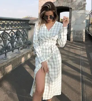 Ženy V-Neck Plaid Split Bodycon Slim Elegantní Oblečení Sexy Dovolenou Na Podzim Nový Top Prodej Módní Plné Šaty