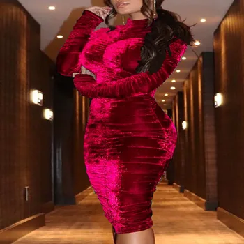 2019 Nové Dámské Sametové Pouzdro Šaty Office Dámy Podzim Midi Bodycon Slim Šaty Party Elegantní Vintage, Velké Velikosti ženy Šaty