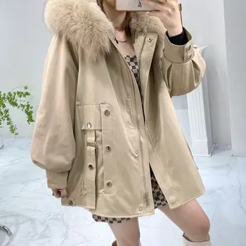 2020 Módní Zimní Bunda Ženy Skutečný Kožich Přirozené Real Fox Kožešiny Límec Volné Dlouhé Kabáty Svrchní oděvy Odnímatelné Králík linner