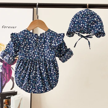 2020 Nové Podzimní Novorozeně Girls Flower Kombinéza +Čepice Oblek Dítě Dívky Roztomilý Obleky Batole Dívka Oblečení Princezna Kombinézu