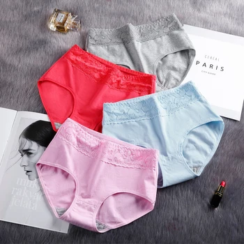 2020 Nové Produkty Čisté Bavlny Ženy Ze Spodků Střední Pás Krajky Kalhotky Ženské Intimní Jednobarevné Spodní Prádlo Prodyšné Kalhotky
