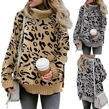2020 Podzimní a Zimní Nové Ženy Ležérní Split Svetr Leopard Dva Klopě Svetr Ženy zimní oblečení svetr