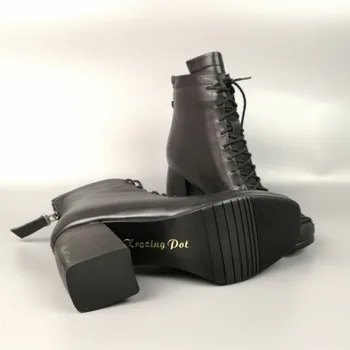2020 Značky Zimní Boty Fashion Square Toe Krajka-up Originální Kožené Pevné Nahé Ženy Kotníkové Boty Tlusté Pata Boty Kauzální Boot L74