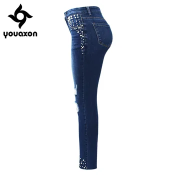 2177 Youaxon Zbrusu Nový Vintage Pearl Hustě Jeans Dámské Mid Vysokým Pasem Úsek Roztrhané Džínové Skinny Kalhoty Džíny Pro Ženy