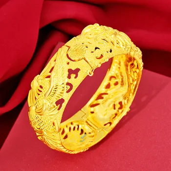 24k Žluté Zlato Náramek Pro Ženy Vietnam Písek Gold Dragon Phoenix Ruční Řetěz Náramek Ženy Nevěsta Svatební Jemné Šperky