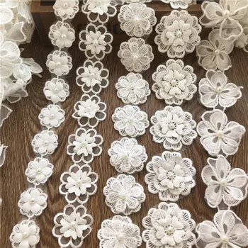 2Meters/lot Organza Bílá Krajka Nail Pearl 3D Krajka Květina Svatební Šaty DIY Ručně vyráběné Dekorace Doplňky RS2950