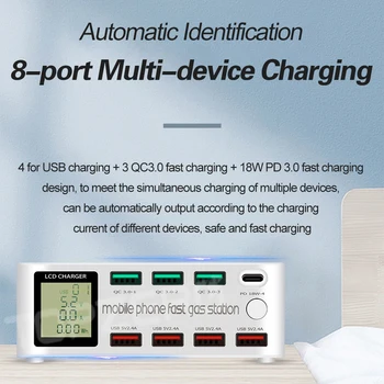 8 Portů USB Rychlá Nabíječka Quick Charge QC3.0 PD3.0 Multi-USB Nabíjecí Stanice s LCD Digitální Displej Rychlá Nabíječka pro iphone Android