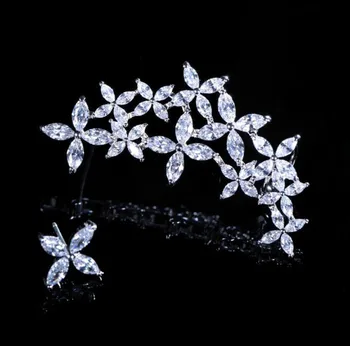 AAA Kvalitní Módní Plné Vložka Premium Crystal Květina Náušnice Přehnané Asymetrie Ucho Manžety Náušnice Šperky Pro Ženy