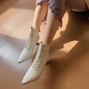 ALLBITEFO přírodní pravé kůže ženy boty tlusté podpatky módní sexy kotníkové boty pro ženy party ženy, podpatky boty