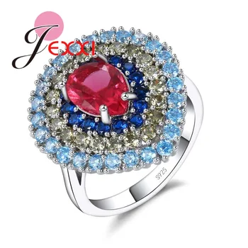 Barevné Módní Velké Srdce Prsteny Pro Ženy 925 Sterling Silver Červená Modrá Zirkony Crystal Svatební Zásnubní Bague