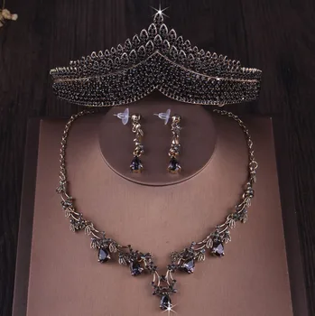 Barokní Vinobraní Zlata Černá Srdce Crystal Svatební Šperky Sady Drahokamu Čelenky Koruny Náhrdelník Náušnice Svatební Dubaj Šperky Set