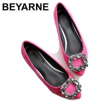 BEYARNEWomen boty plus velikost 34 ~ 45 crystal drahokamu ploché boty lodí ženy růžová fialová Balet mokasíny z pravé kůže ploché