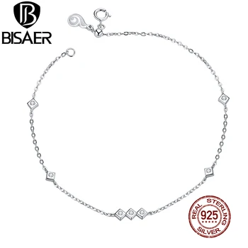 BISAER Jednoduché Geometrie Náramky Real 925 Sterling Silver Brilantní Zirkony Řetěz Odkaz Náramek Pro Ženy Jemné Šperky EFB047