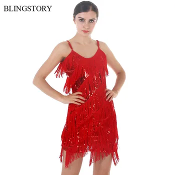 BLINGSTORY Latin Dance Šaty Dámské Flitr Střapec Taneční Kostýmy Dospělé Ženy Vestido Flecos