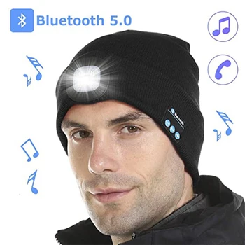 Bluetooth 5.0 Sluchátka Hudební Čepice Fleece Beanie s Vestavěný Reproduktor Stereo, LED Světla, Sportovní Čepice pro Běh, Jogging jízda na Kole