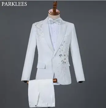 Bílé Vyšívané Diamond Muži Svatební Oblek Ženicha Tuxedo Obleky Pánské Stand Límec Ples Jevištní Kostýmy Pánské Obleky s Kalhoty Ternos