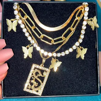 Caraquet Vícevrstvé Zlatý Had Řetěz Náhrdelník Náhrdelník Pro Ženy Krystal Tenis Řetězce, Motýl, Drak, Přívěsek Prohlášení Šperky