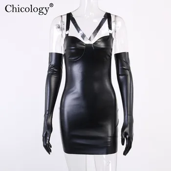 Chicology Rukavice Pu Kožené Mini Šaty Sexy Club Gotické Oblečení Ženy 2020 Podzim Zimní Oblečení Módní Goth Streetwear Techwear
