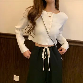 Dlouhý Rukáv Oříznutého Svetr Top pro Ženy, Dámské Tlačítko Up Svetr Tričko Korean Ulzzang Stylu Croptop Sexy Krátké Šaty