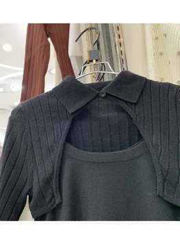 Doprava zdarma klopě duté falešné dvoudílné pletený svetr svetr dámy podzim nový styl módní osobnosti úsek all-zápas