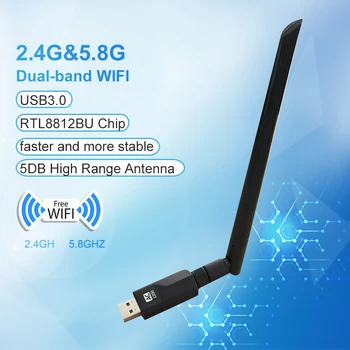Dual Band 1200Mbps Wifi Adaptér USB 3.0 RTL8812BU Wireless AC1200 Síťová Karta Dongle 802.11 ac S Anténou Pro Notebook Desktop