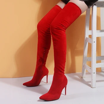 Dámské boty žena plus velké velké velikosti 35-43, nad kolena boty tenké vysoké podpatky sexy party boty elastické botas de mujer 2019