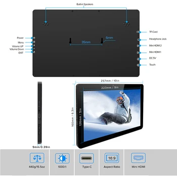 Eviciv 10palcový 1368x768 Přenosný Monitor pro PC, PS4 Windows 7 8 10 HD LCD HDMI IPS Externí Displej Herní Ultra Tenký Displej USB