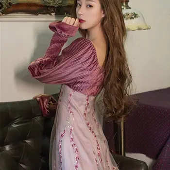 Francouzský Vintage Šaty Ženy Elegantní Patchwork Party Večerní Midi Šaty ženy Dlouhý Rukáv Jednoho Kusu Šaty Korean Podzim 2020