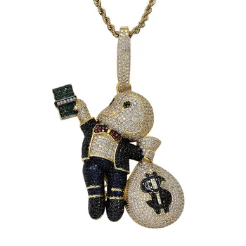 Hip Hop Boy Money Bag Přívěsky Bling Kreslený Obrázek Náhrdelník Ledový, Plné Kubický Zirkon Rapper Šperky Pro Muže Dárek
