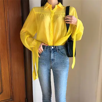 HziriP Čerstvé Světlé Pevné Žluté Stylové Elegantní Volné 2020 Podzimní Móda Streetwear Celý Zápas Ženy Neformální Office Lady Košile