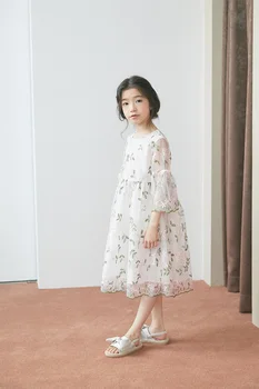 Jarní aummer mesh výšivky šaty pro malé holčičky, dospívající princezna šaty děti květinové bavlněné oblečení 4-16Y ws408