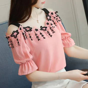 Jarní elegantní dámské tričko nové módní Off Rameno formální tisk Krátký rukáv slim šifon halenky office dámy plus velikost topy