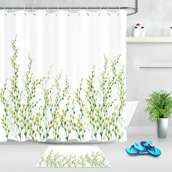 Jarní Zelené Rostliny Sprchový Závěs Koupelna Nepromokavé Polyesterové Tkaniny Sprchový Závěs Zelený List Tištěné Závěsy Pro Koupelny