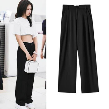 Korejské kpop Celebrity letní nové černé volné ležérní Vysokým pasem rovné kalhoty ženy Harajuku High street volné Pevné kalhoty