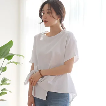 Korejské Ženy Topy v Létě T-shirt Volné Rukávy Krátký rukáv Bílá Módní Ležérní Bavlněné A Lněné Prodyšné Ženské T-Shirt