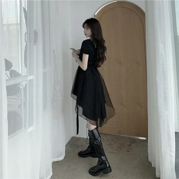 Korejský Letní Harajuku Diablo Ženy Šaty Náměstí Límec Vintage Puff Rukáv Nepravidelné Šaty A-Line Krajka Splice Black Bud Šaty