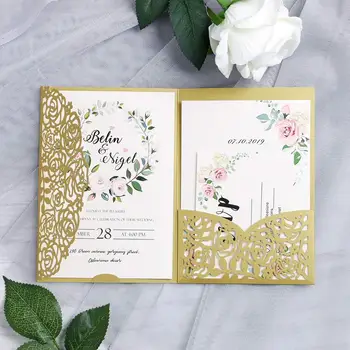 Laser Cut Svatební Pozvánky, Karty s obálky Vínová Tmavě Modré Bílé Zlato pro Svatební Svatební Sprcha Miminko 100ks