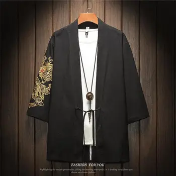 M-5XL Japonské Streetwear Kimono Tričko Pánské Čínský Drak Embroiderd 3/4 Rukáv Límce Košile Bavlna Kanceláře Nosit XXXXXL