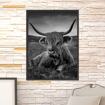 Minimalistický Hospodářských Zvířat Malířské Plátno Černé Highland Kráva Umění Zdi Highland Býk Plakáty a Sníh Tisky Obrázků pro Chlapce Pokoj