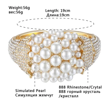 Minmin Široká Zlatá Barva Crystal Náramek Syntetická Perla Náramek Ženské Nevěsty Náramek Nastavitelný Svatební Šperky MSL324