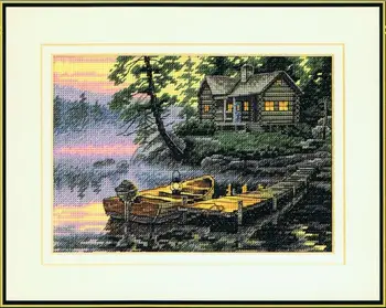 MM Kvalitní krásné Krásné Počítají Cross Stitch Kit Ráno Lake Village Loď, Plavidlo, Domu, Chaty Domů dim 65091