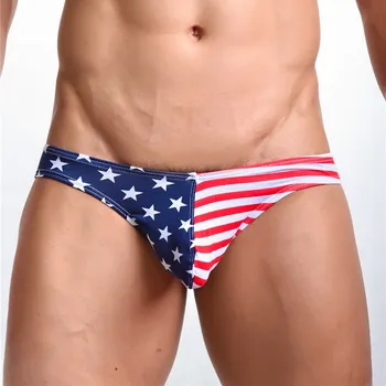 Muži Bavlněné Kalhotky Boule Pouzdro Šortky Bikini Sexy spodní Prádlo Trenýrky Kalhotky Gay Penis USA Vlajka Hvězdy, Pruhy Nízkým Pasem Kalhotky