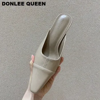 Móda Žen Náměstí Toe Přezůvky Náměstí Nízké Podpatky Mul Boty Ženy Vnějšími Snímky Luxusní Značky Papuče Boty zapatos de mujer