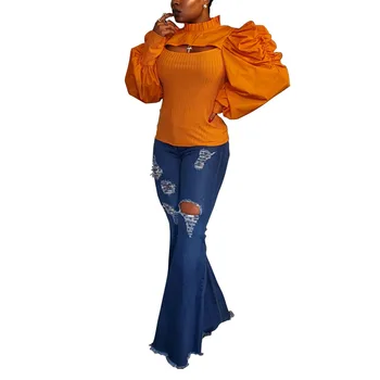 Neon Oranžové Žebrované Duté Přední Slim Fit T Košile Ženy Podzim Turtlenecl Skládaný Puff Sleeve Top Elegantní Ženské Obvaz Tees