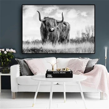 Nordic Černá Bílá Highland Kráva Dobytek Zvířat Plátno Malování na Plakáty a Tisky Skandinávské Umění Zdi Obraz pro Obývací Pokoj