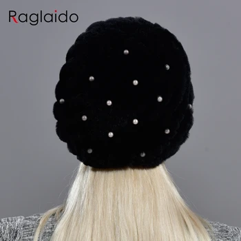 Nový Pearl Králičí kožešiny klobouk pro Ženy, ruské pravé Kožešiny, Pletené Čepice Jedinečný design Zimní Beanie Hat módní značky lebky RGQ11279