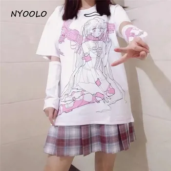 NYOOLO Harajuku streetwear mechanický anděl tisk krátký rukáv T-shirt ženy Letní oblečení O-krk sladké dívky bílé topy tee