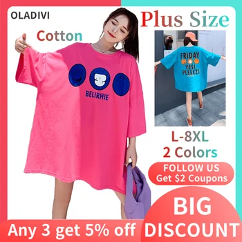 Oladivi Plus Velikost Ženy Bavlněné Tričko Fashion Print Oversize Jednoduchý T-Shirt Letní Lady Ležérní Tričko Loose Pohodlná Tunika 8XL